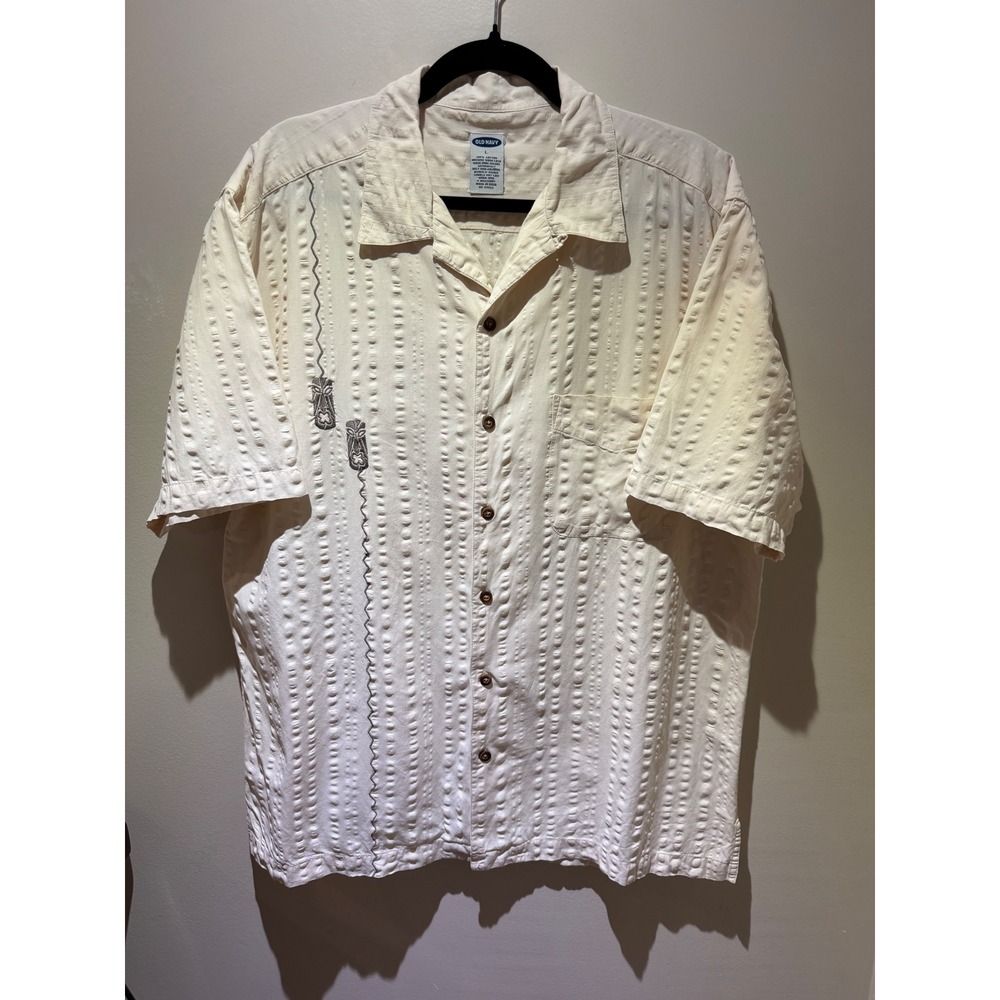 Old Navy Mens Large Cream Textured Cotton Tiki Embroidered Camp Shirt Off White